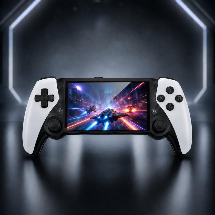 Handheld game console front view with white controller grips and touchscreen