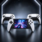 Handheld game console with dual controllers and a front HD touchscreen