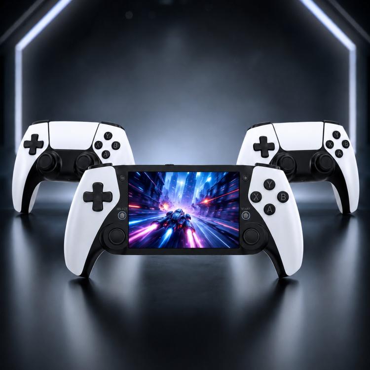 Handheld game console with dual controllers and a front HD touchscreen