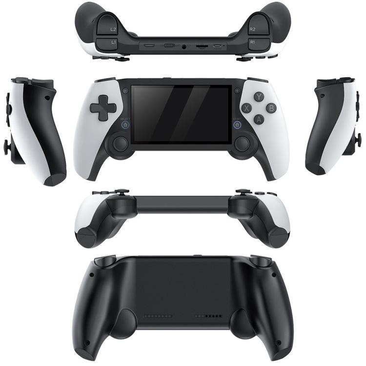 Handheld game console with two controllers and detachable black grip handles