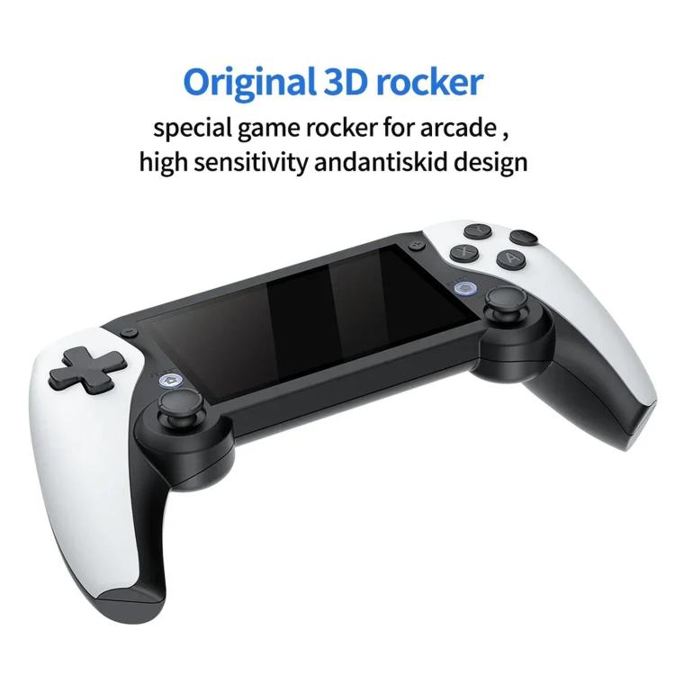 Handheld game console angled view with white grips and black directional pad
