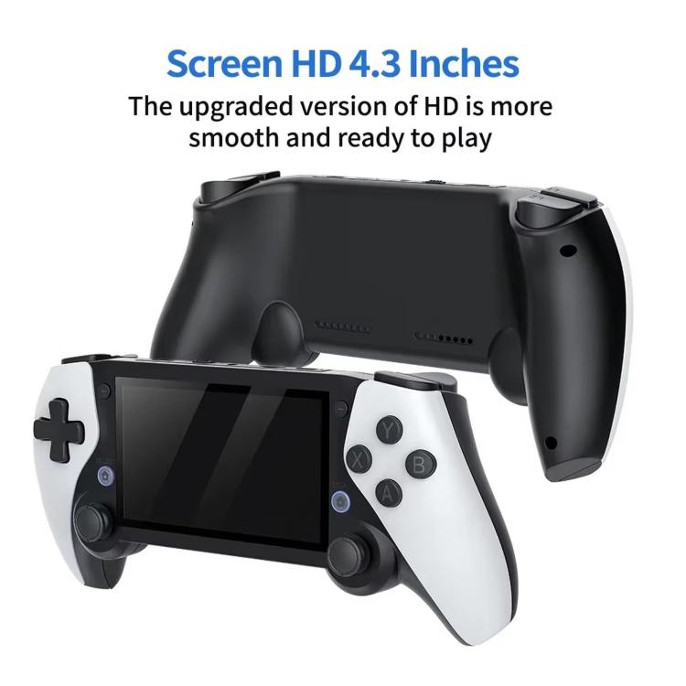 Handheld game console with black touchscreen and two-tone white-and-black controllers