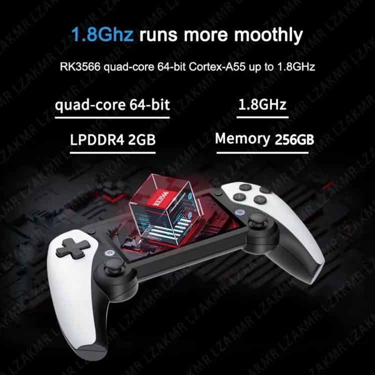 Handheld game console with two white controllers, black handheld with screen and thumbsticks