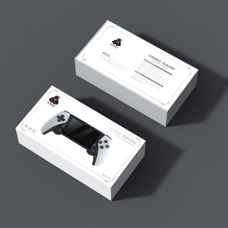Handheld game console retail boxes with controller, console shown in packaging