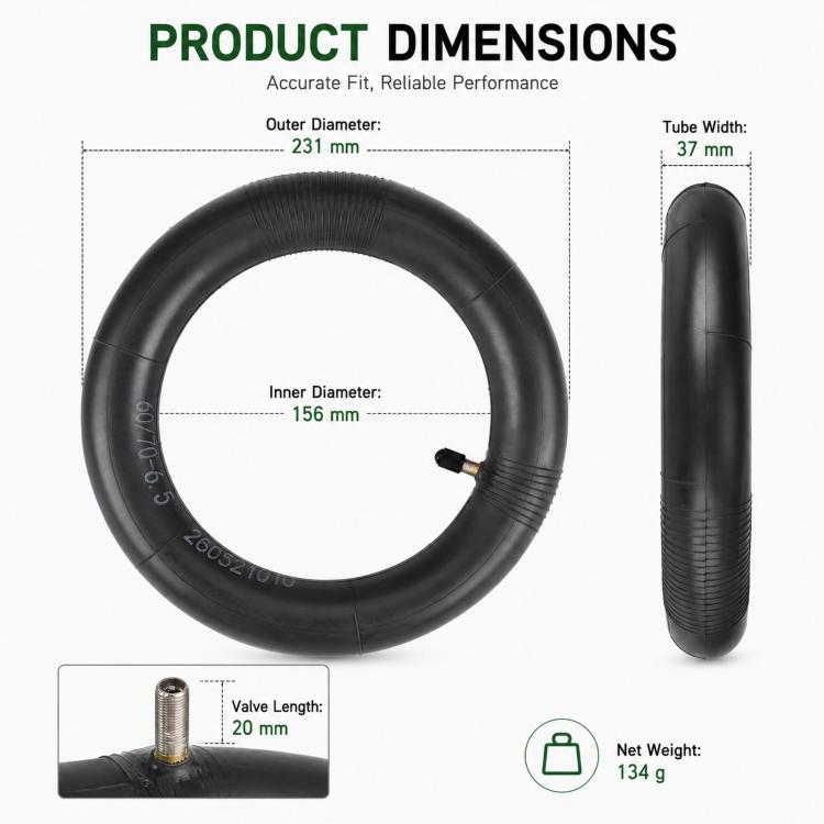 Black inner tube ring with straight valve stem and printed size diagram