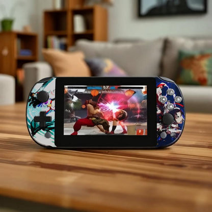 Blue retro handheld game console with 4.3-inch screen and dual analog sticks