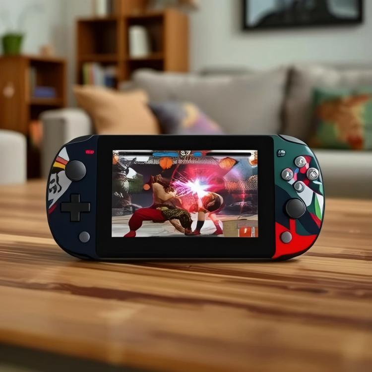 Green retro handheld game console with large screen and colorful button layout