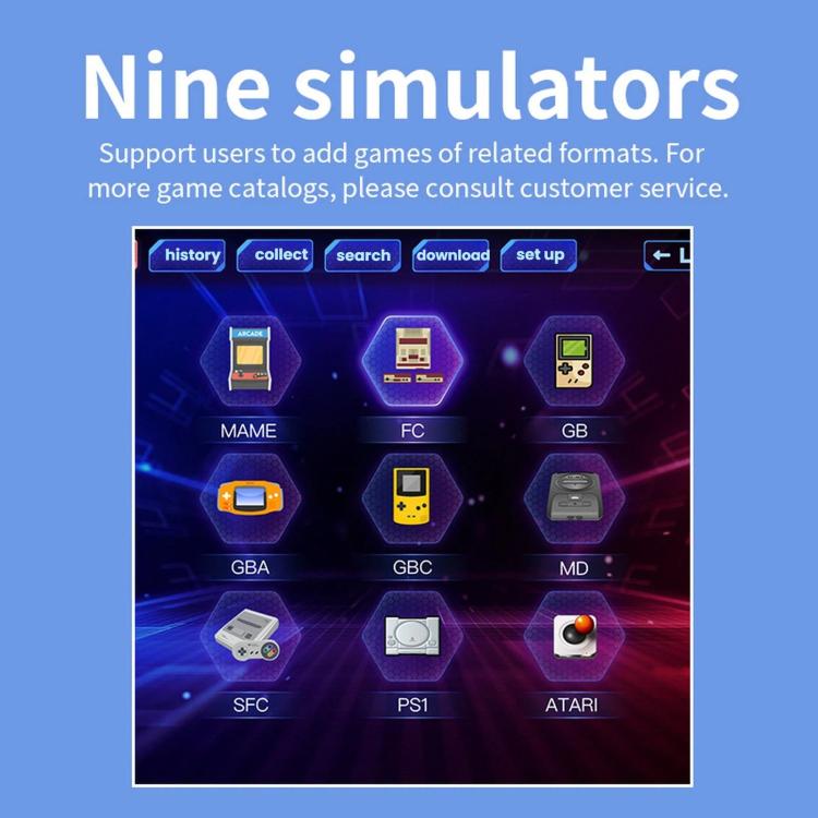 Handheld retro game console showing app menu screen and side controls