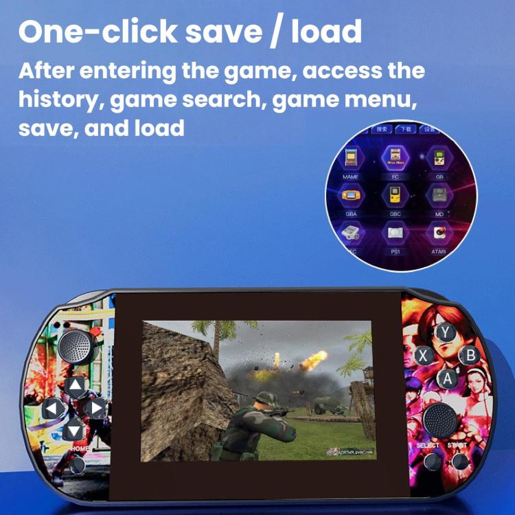 Retro handheld game console with in-game action screen and right-side buttons
