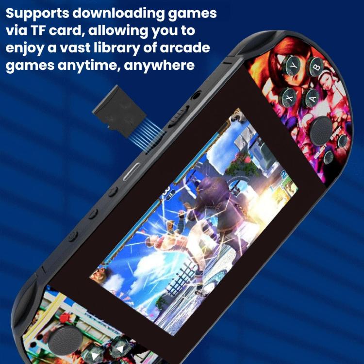 Blue handheld retro joystick game console with large screen and colorful controller buttons