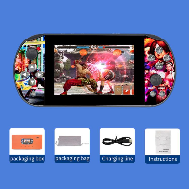 Blue handheld retro game console with wide screen and circular joystick on front panel