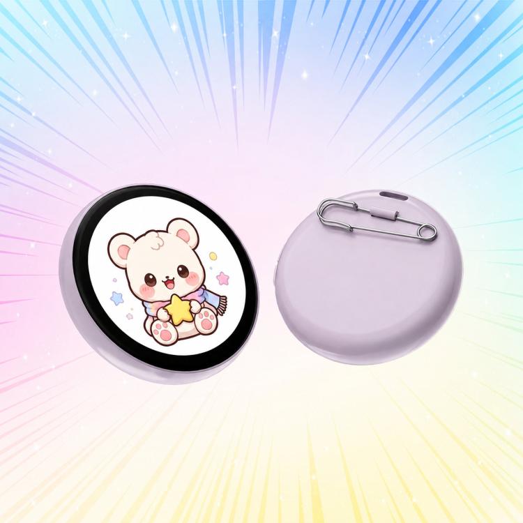 1.85-inch HD touchscreen Bluetooth anime badge display with bear graphic on light purple body
