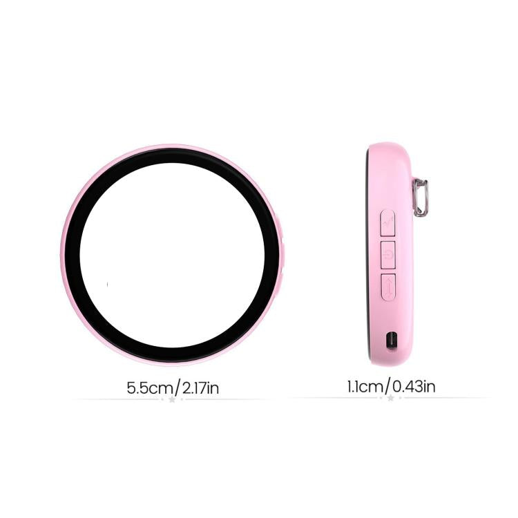 Pink circular HD touchscreen badge display side view with size markings