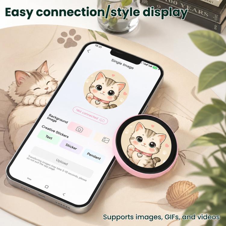 1.85-inch HD touchscreen Bluetooth anime badge display with cat graphic on purple body