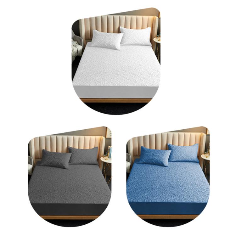 Waterproof fitted crib sheets shown in white, dark gray, and dark blue with quilted texture.