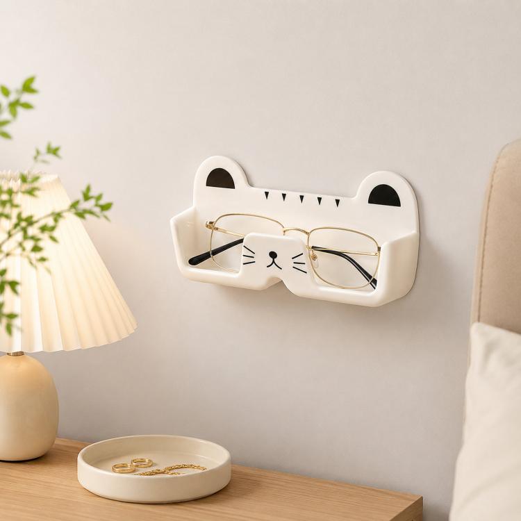 White cat-face wall glasses holder with raised guard for eyeglasses and sunglasses