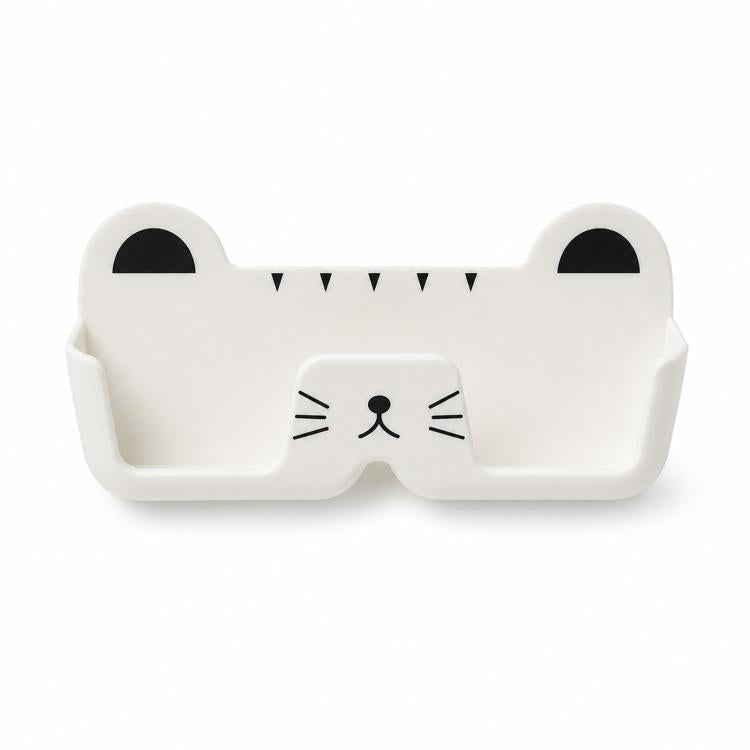 White cat-face wall glasses holder with two side arms for eyeglasses, peel-stick