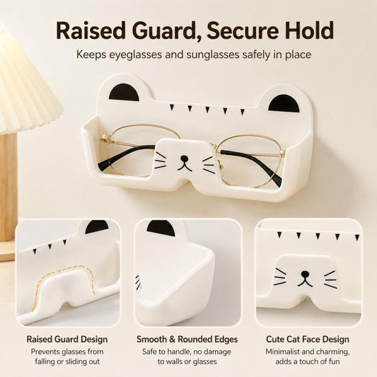 Cute Cat Wall Mounted Glasses Holder Punch-Free Adhesive Eyeglass Organizer Stand Space-Saving Sunglasses Storage Box for Bedside, Closet, Vanity, Car