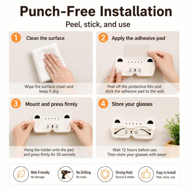 Cat-face adhesive wall glasses holder with peel-and-stick mounting steps