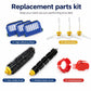 Vacuum replacement parts kit with blue filters, side brushes, black roller brushes, and cleaning tools