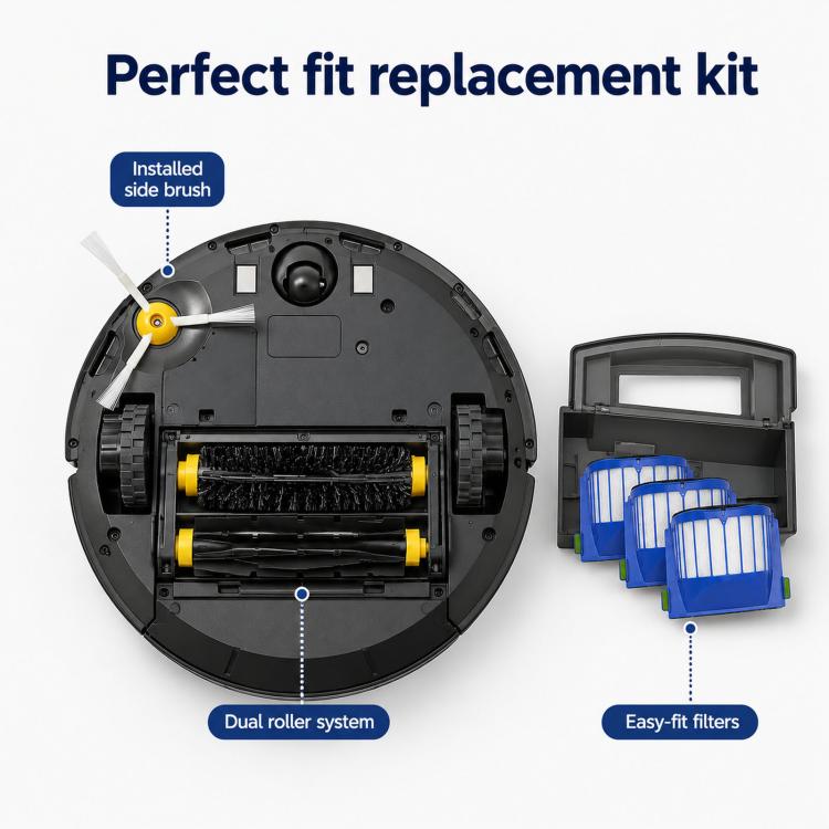 Vacuum parts kit showing underside rollers and blue filter module with easy-fit design