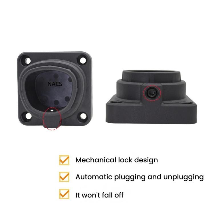 Front and side view of NACS charging connector dock with four-hole square mounting base.