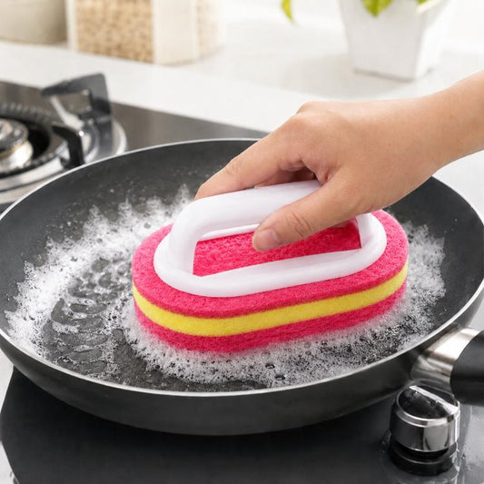 Multi-Purpose Scrub Sponge Brush With Handle Non-Scratch 3-Layer Thickened Polyester Fiber Scouring Pad For Pots, Pans, Stove