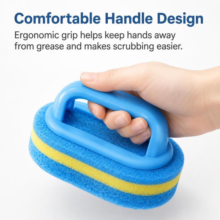 Multi-Purpose Scrub Sponge Brush With Handle Non-Scratch 3-Layer Thickened Polyester Fiber Scouring Pad For Pots, Pans, Stove
