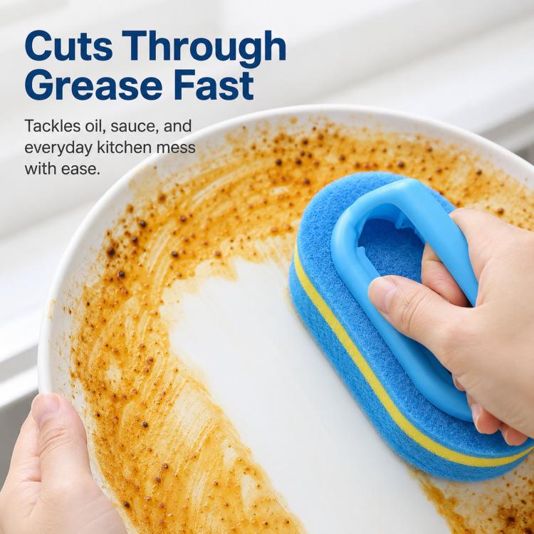 Multi-Purpose Scrub Sponge Brush With Handle Non-Scratch 3-Layer Thickened Polyester Fiber Scouring Pad For Pots, Pans, Stove