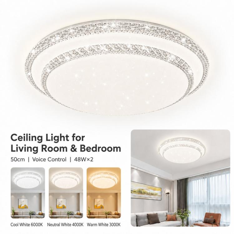 White round ceiling light with sparkling crystal outer ring, voice control label