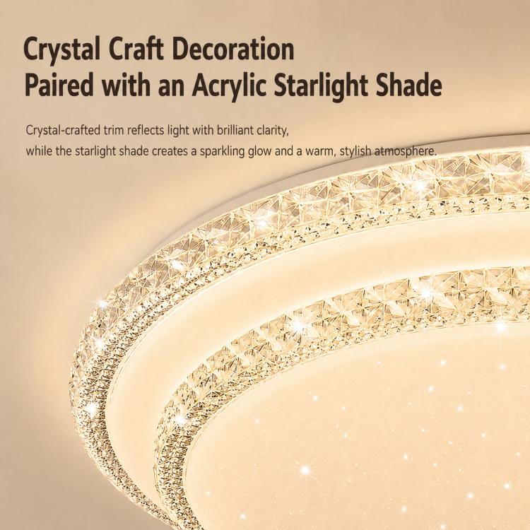 Close-up of sparkling crystal-trimmed circular ceiling light with acrylic starlight shade