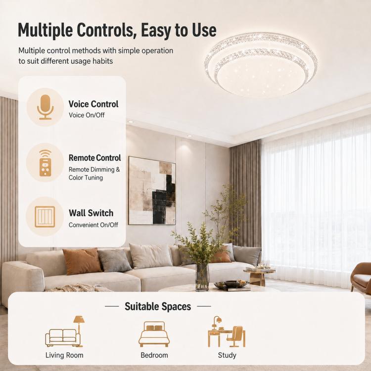 Round ceiling light with crystal trim and multiple control options shown