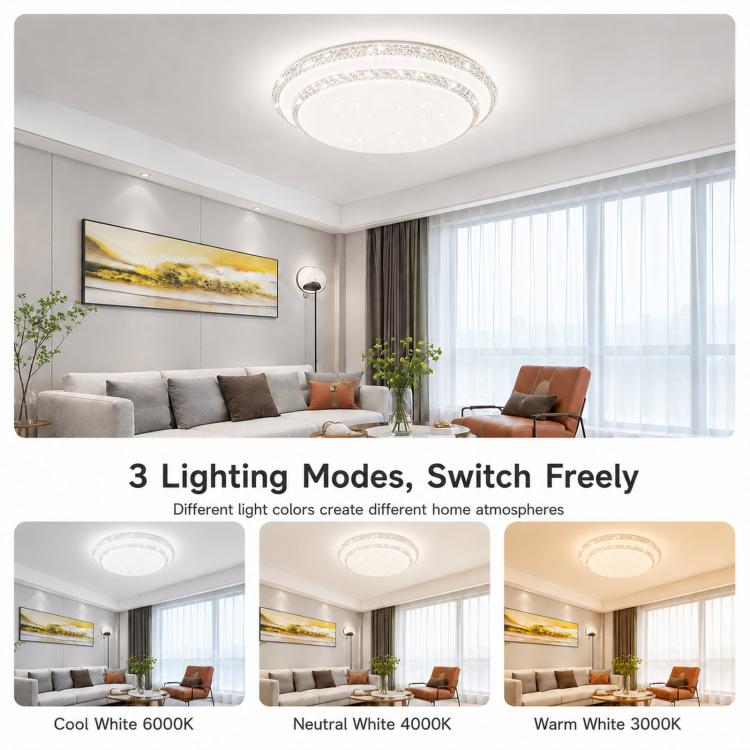 Round flush-mount ceiling light with crystal ring; three lighting modes displayed