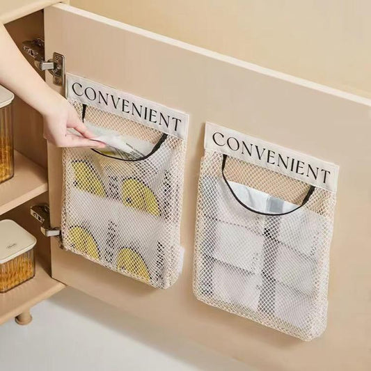 2pcs /Pack Grocery Bag Holder, Detachable Wall-Mount Mesh Storage Bag With Adhesive Hook And Loop, Elastic Plastic Bag Dispenser For Kitchen Cabinet Door