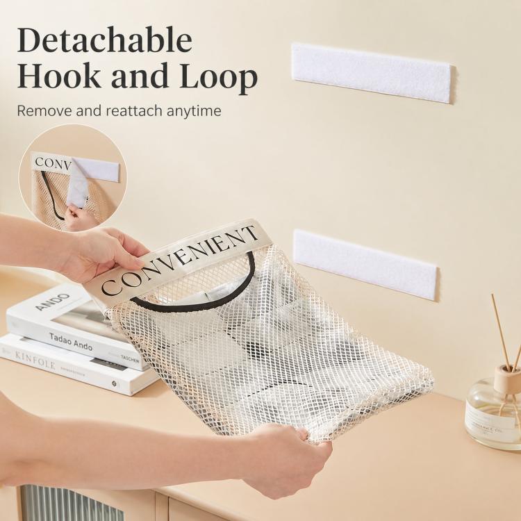 Beige mesh grocery bag holder with detachable hook-and-loop strips for wall mounting.