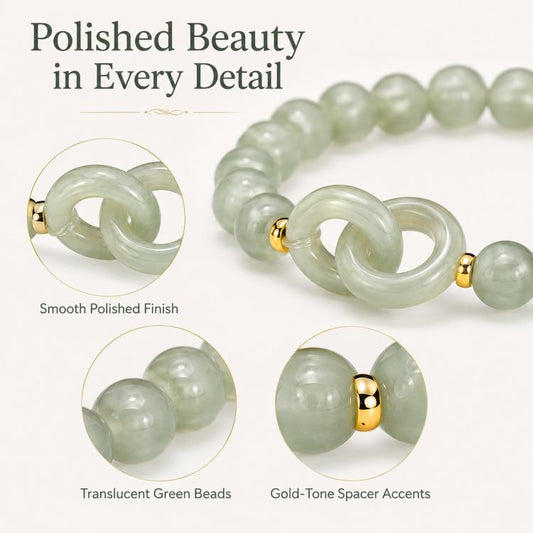 Green jade-style beaded bracelet with smooth interlocking double loop centerpiece