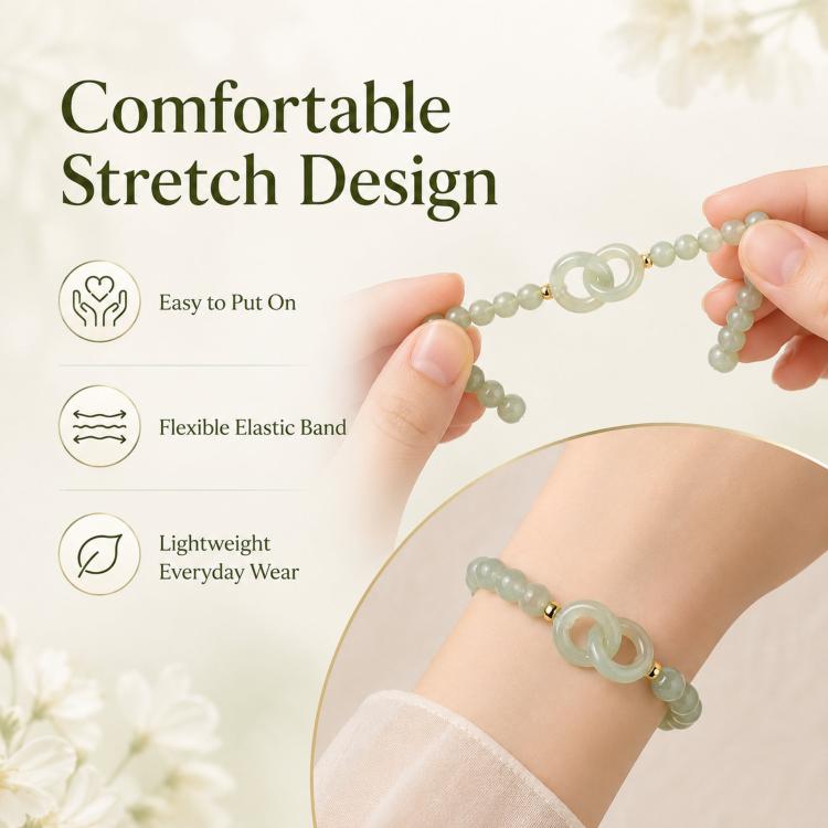 Green stretch beaded bracelet with elastic band and interlocking double loop centerpiece