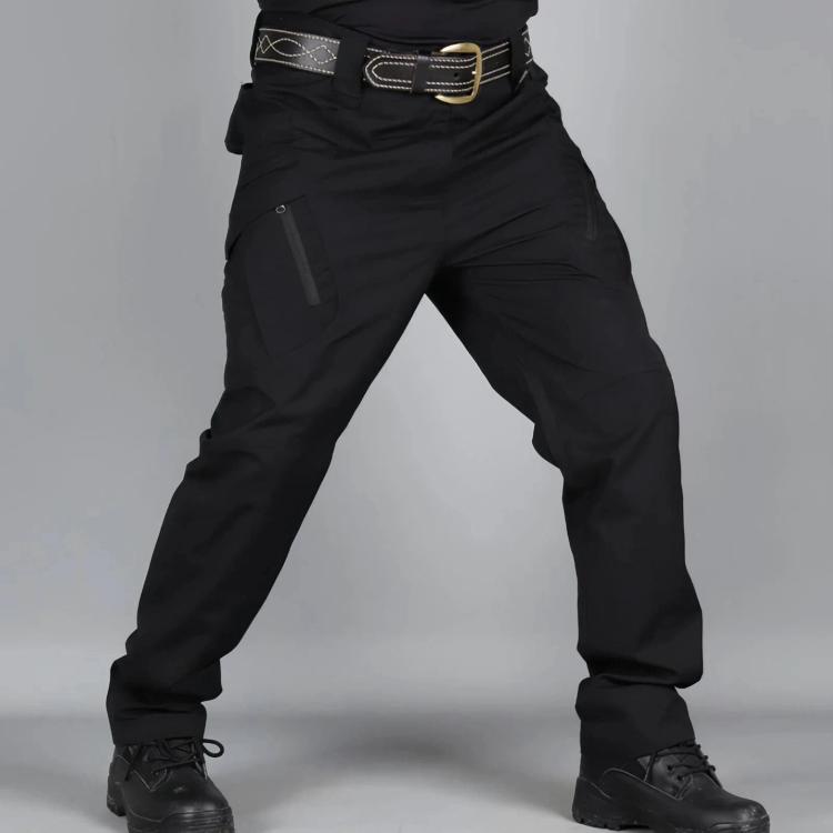 Black hiking long pants with belt loops, zip fly, and cargo-style side pockets