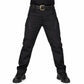 Black hiking long pants, front view with belt loops and zip fly; straight legs