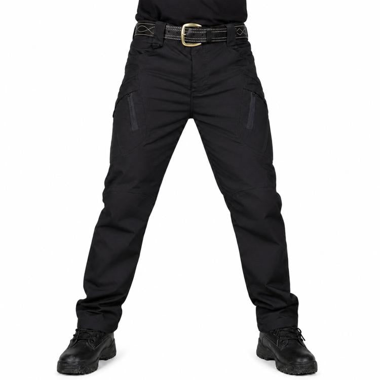 Black hiking long pants, front view with belt loops and zip fly; straight legs