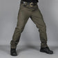 Men's khaki hiking long pants with belt loops and dark cuffs at the ankles