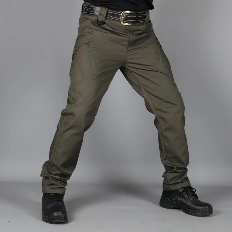 Men's khaki hiking long pants with belt loops and dark cuffs at the ankles