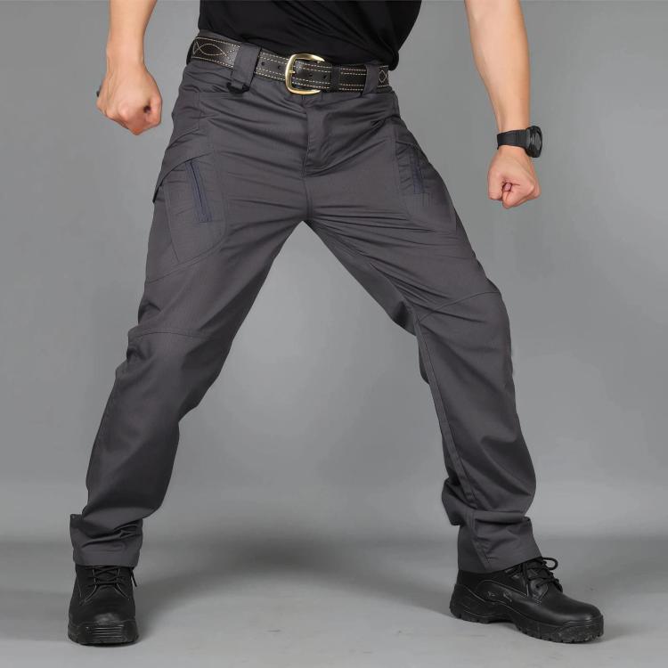 Gray outdoor hiking long pants with belt loops, zip fly, and side cargo pockets