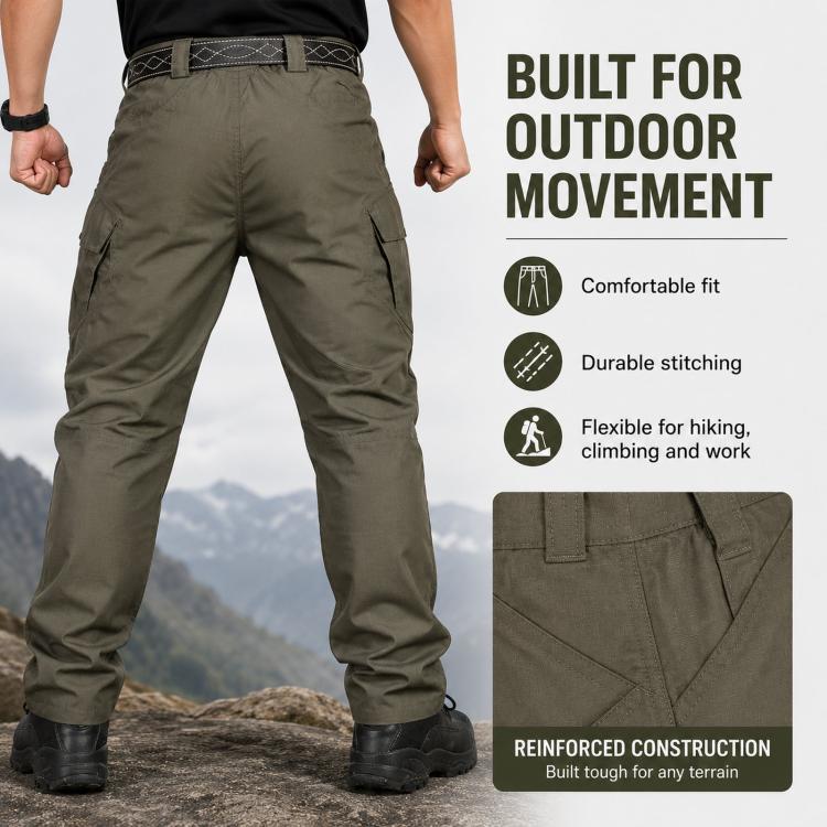 Men's khaki hiking cargo pants with belt loops and side utility pockets