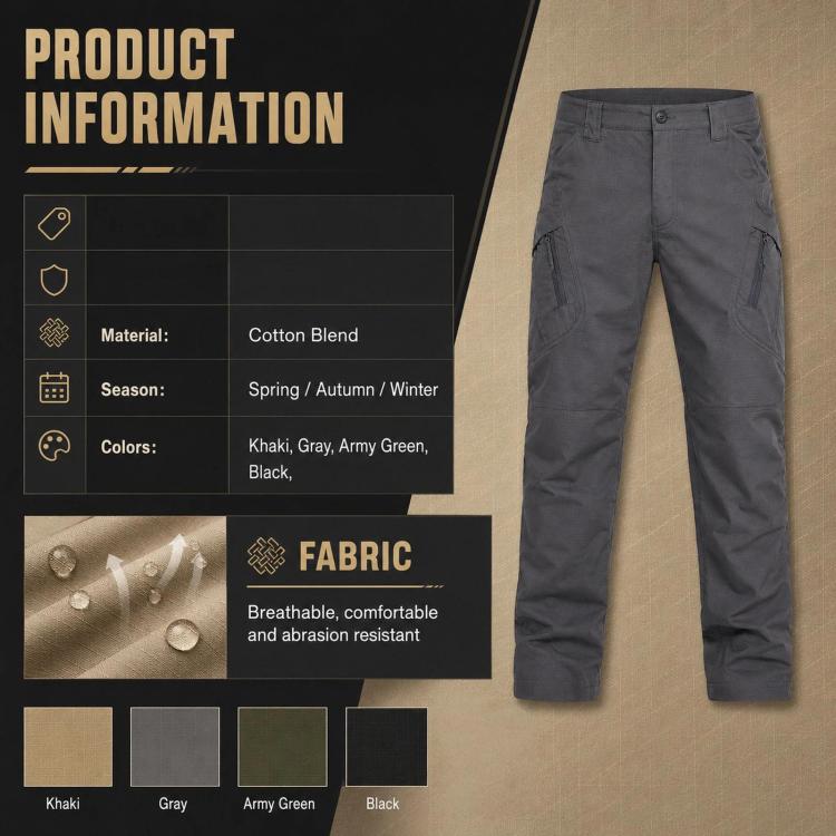 Men's gray cotton-blend hiking pants with front button closure and zip fly