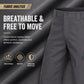 Close-up of men's gray hiking pants fabric with button waistband and pocket seam