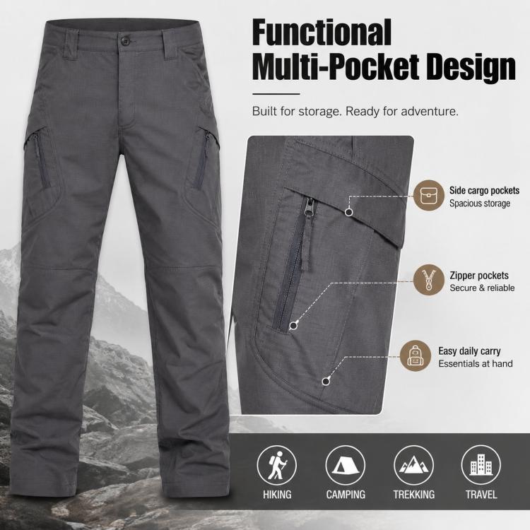 Men's dark gray multi-pocket hiking pants with cargo pockets and zip details