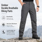 Men's dark gray hiking long pants with tapered legs and ankle cuffed openings