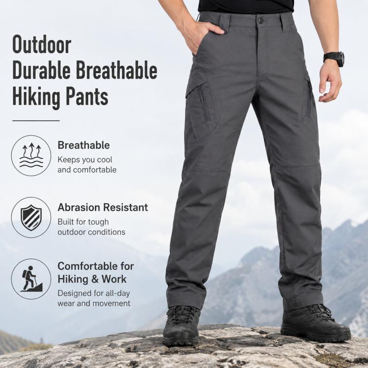 Men's dark gray hiking long pants with tapered legs and ankle cuffed openings