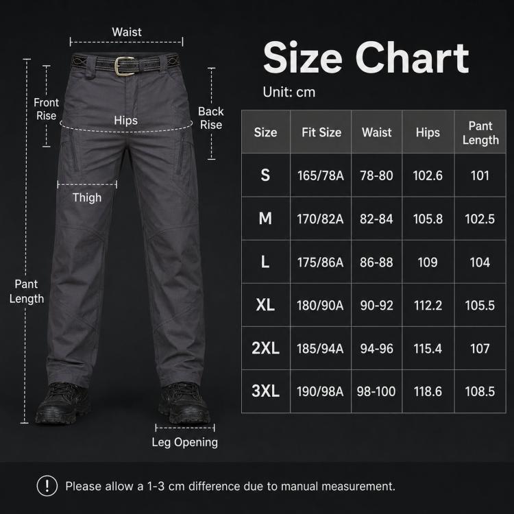 Men's pants size chart diagram with front view and leg measurements